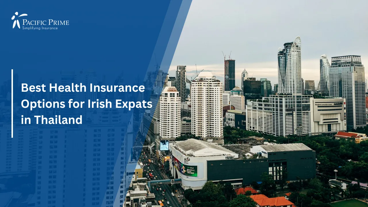 Image of Bangkok Cityscape With High-rise Buildings with text overlay of "Best Health Insurance Options for Irish Expats in Thailand"
