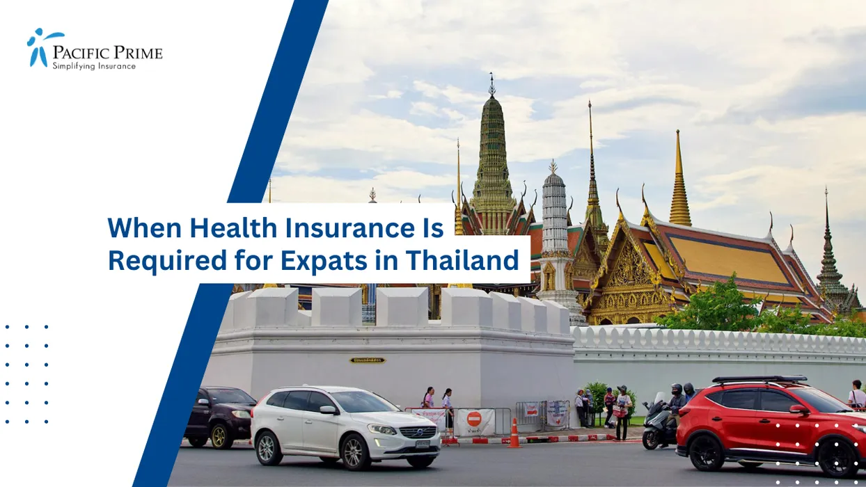 Image of Bangkok Grand Palace Complex Rising Above Busy City Streets Filled With Traffic with text overlay of "When Health Insurance Is Required for Expats in Thailand"