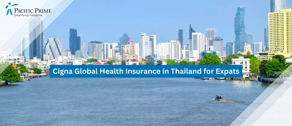 Image of Bangkok River Winding Past High-rise Buildings In The City Centre with text overlay of "Cigna Global Health Insurance in Thailand for Expats"