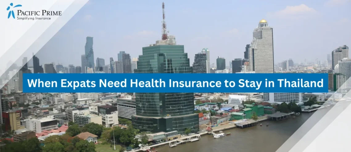 Image of Bangkok Skyline Across A Large River With City Buildings In The Background with text overlay of "When Expats Can Enter Thailand Without Health Insurance"