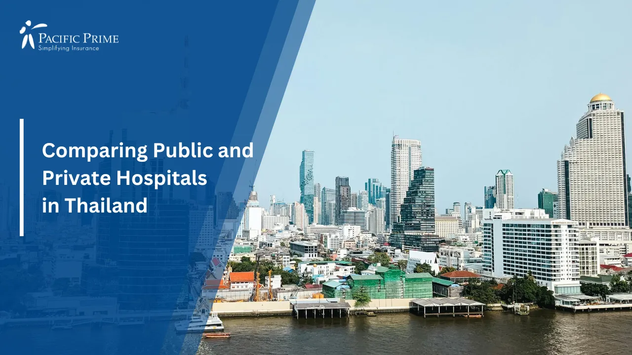 Image of Bangkok Skyline And Chao Phraya River Seen From Above with text overlay of "Comparing Public and Private Hospitals in Thailand"