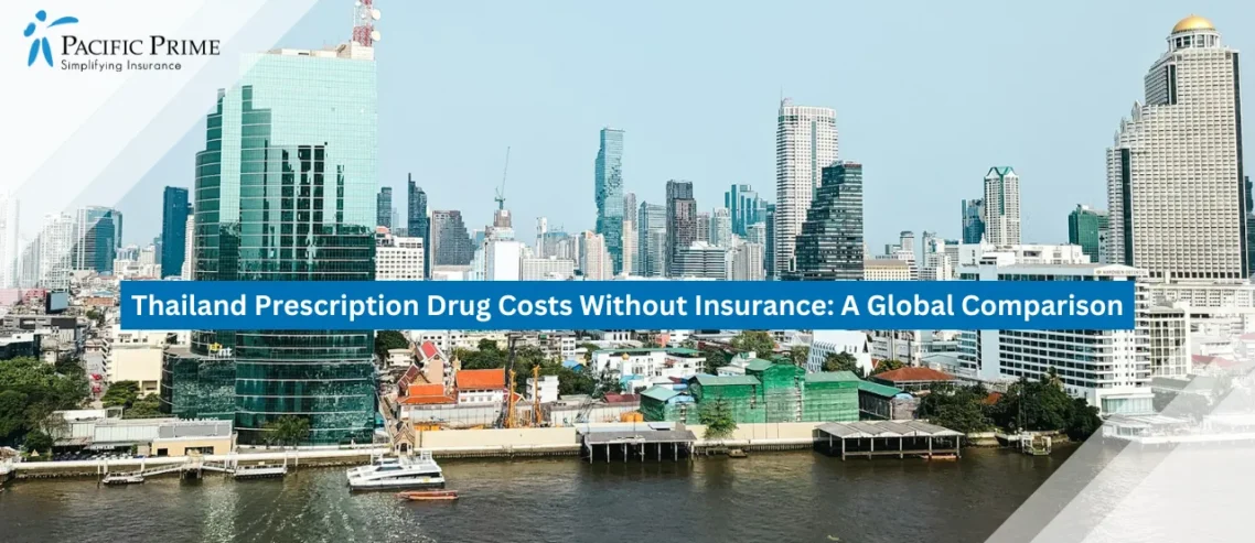 Image of Bangkok Skyline Stretching Beyond A Wide Expanse Of Water with text overlay of "Thailand Prescription Drug Costs Without Insurance: A Global Comparison"