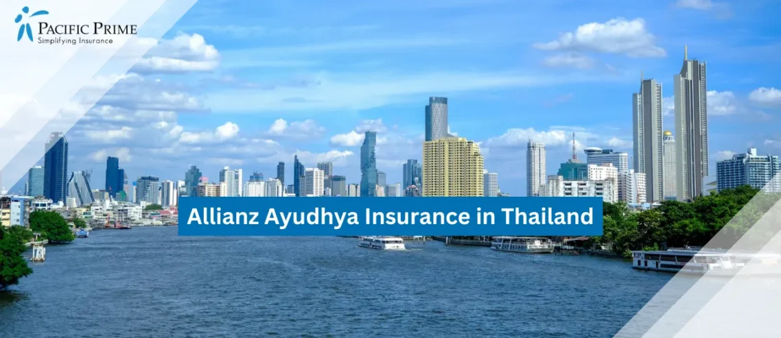Image of Bangkok Skyline With Chao Phraya River And Modern Buildings with text overlay of "Allianz Ayudhya Insurance in Thailand"