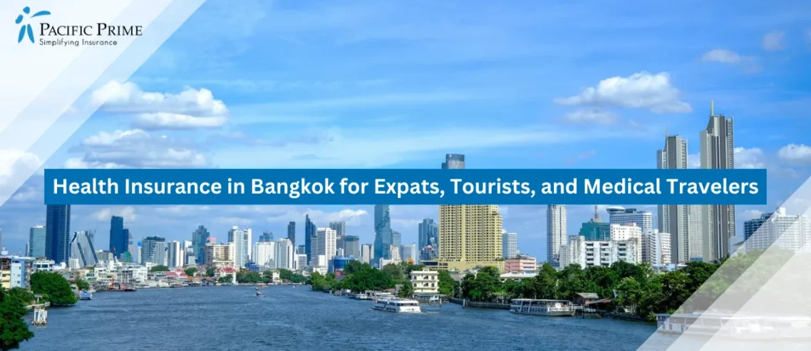 Image of Bangkok Skyline With View Of Chao Phraya River At Sunset with text overlay of "Health Insurance in Bangkok for Expats, Tourists, and Medical Travelers"