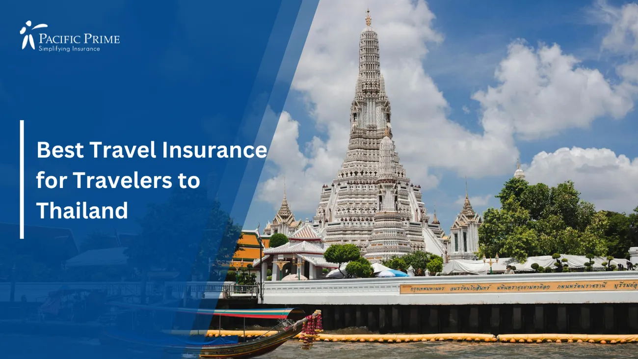 Image of Bangkok Temple And River Under Dramatic, Cloudy Skies with text overlay of "Best Travel Insurance for Travelers to Thailand"
