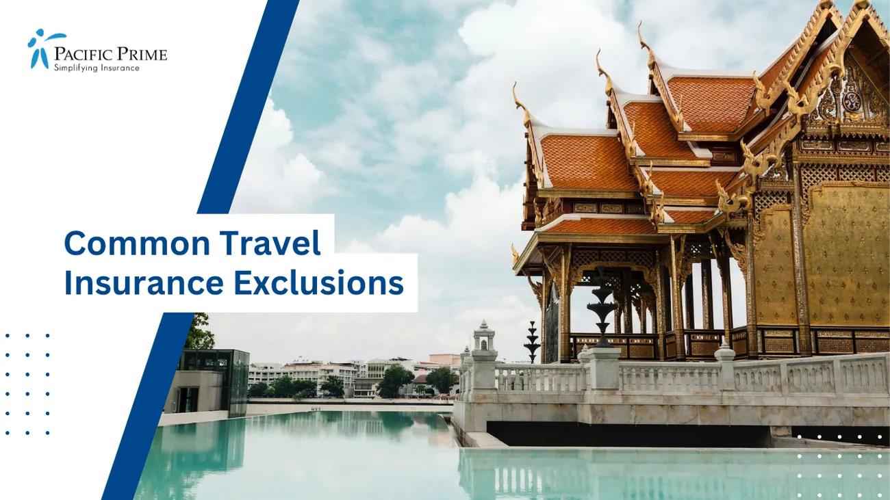 Image of Bangkok Temple Scene With A Concrete Building By Serene Waters with text overlay of "Common Travel Insurance Exclusions"