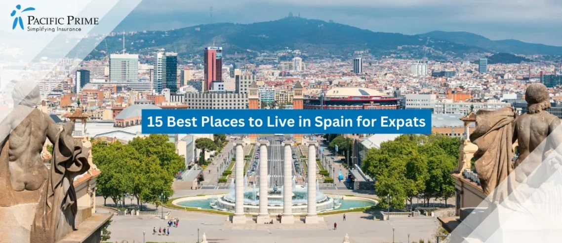 Image of Barcelona Skyline With Modern And Historic Buildings Beneath A Clear Blue Sky with text overlay of "15 Best Places to Live in Spain for Expats"
