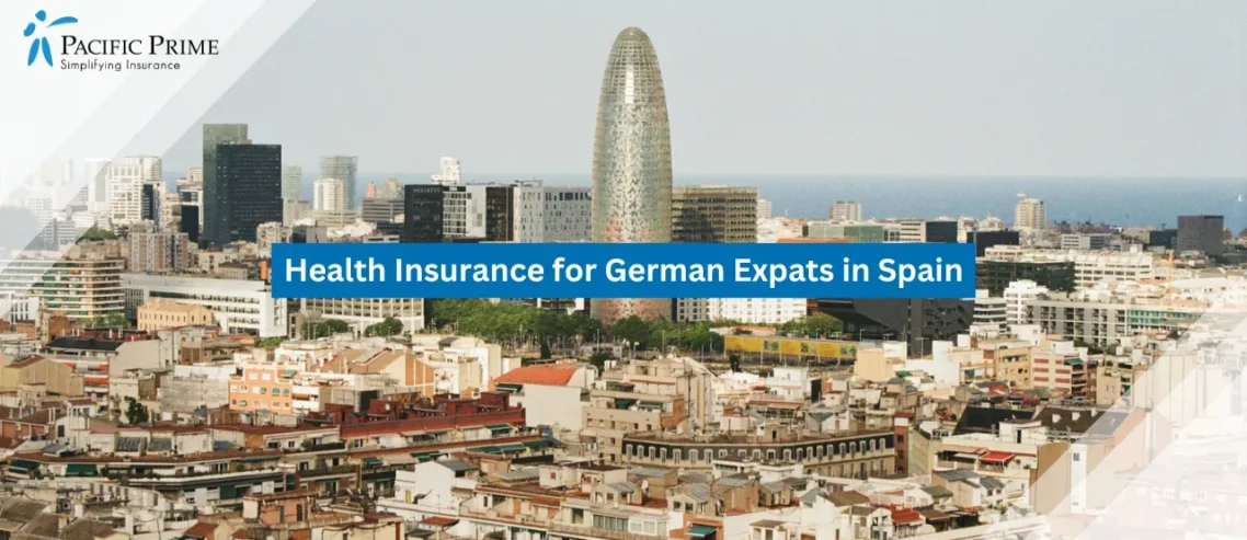 Image of Barcelona Skyline With Modern High-rise Buildings with text overlay of "Health Insurance for German Expats in Spain"