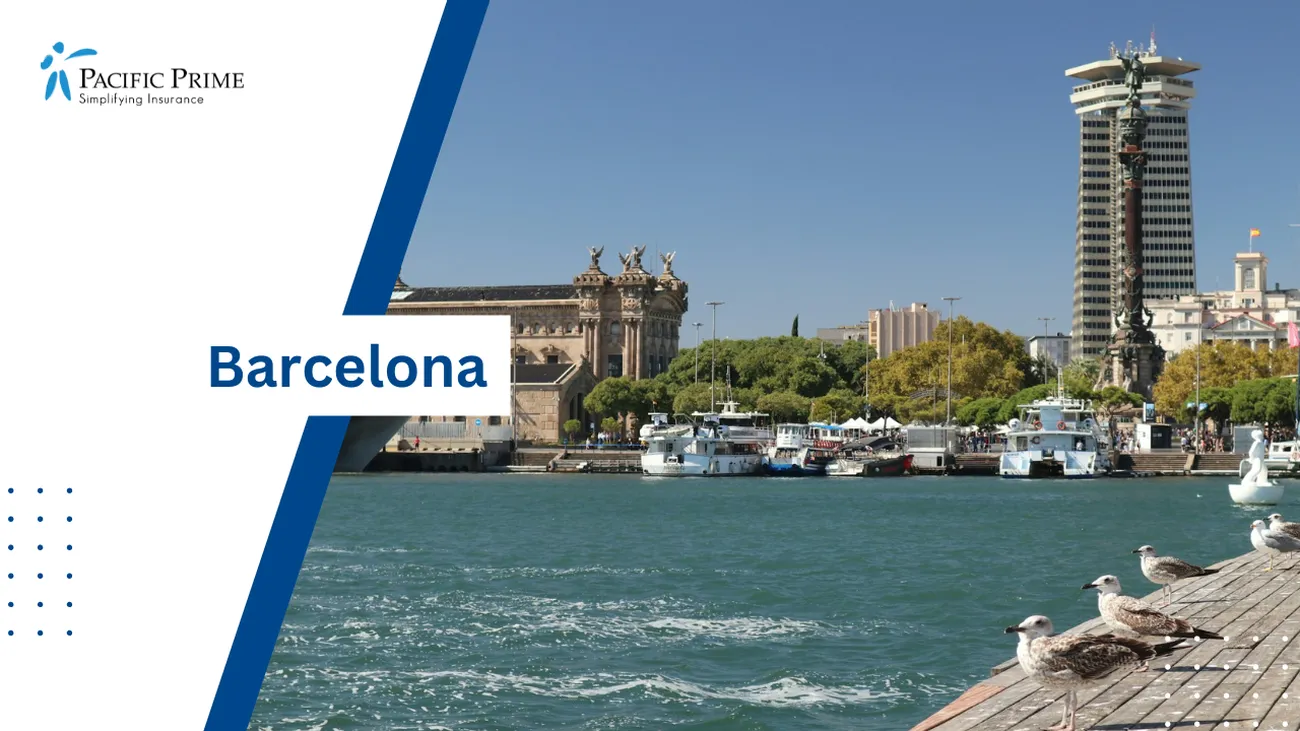 Image of Barcelona Waterfront With Boats And Urban Buildings with text overlay of "Barcelona"