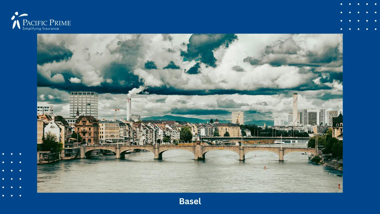 Image of Basel Cityscape With A Bridge Over The River And Buildings In The Background with text overlay of "Basel"
