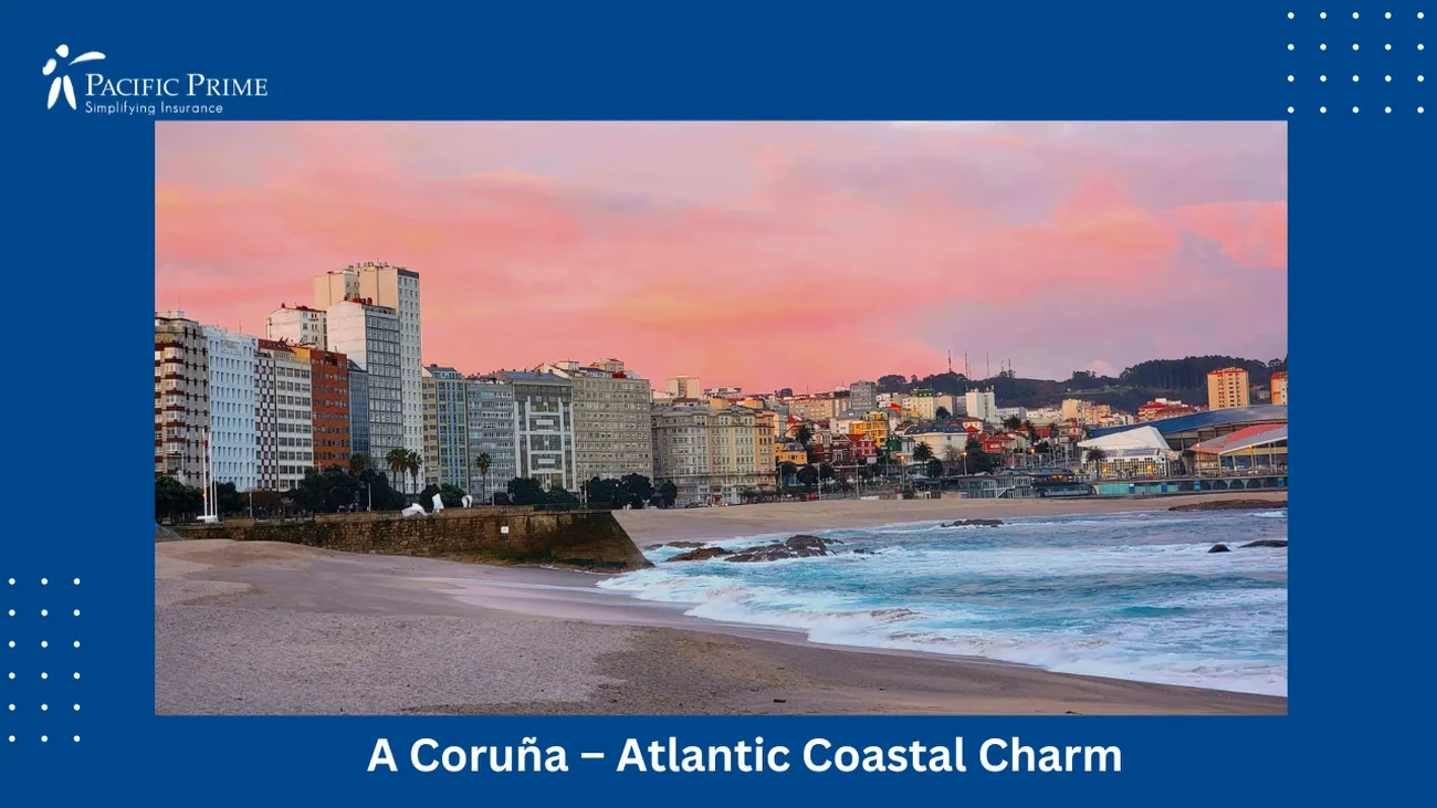 Image of Beach View With Buildings In A Coruña Near The Tower Of Hercules with text overlay of "A Coruña – Atlantic Coastal Charm"