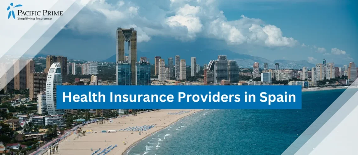 Image of Beach View With City Skyline In The Background, Benidorm, Spain with text overlay of "Health Insurance Providers in Spain"