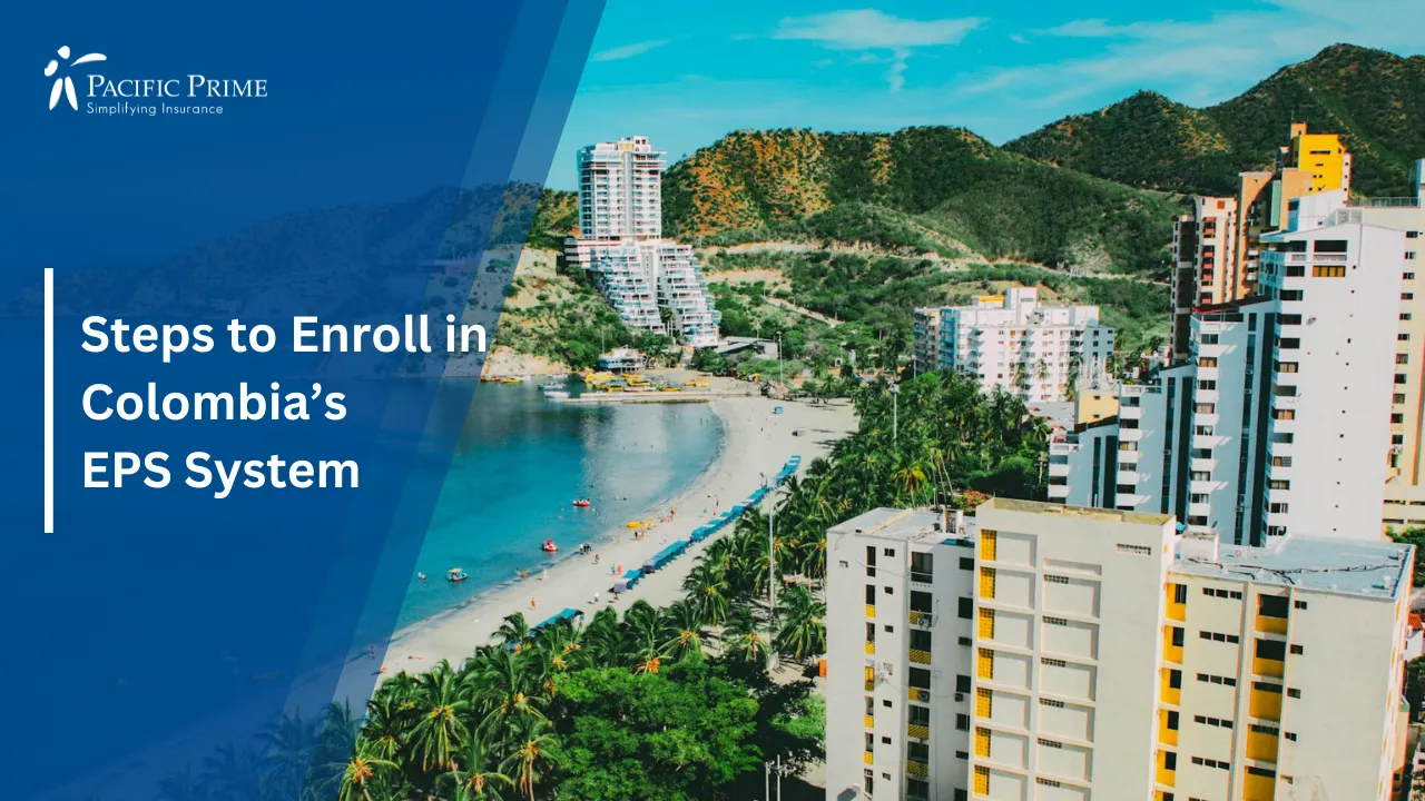 Image of Beachfront Buildings In Santa Marta, Colombia with text overlay of "Steps to Enroll in Colombia’s EPS System"