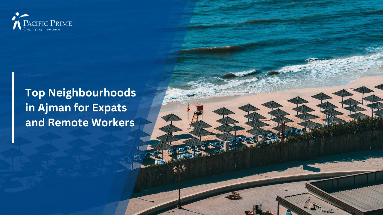 Image of Beachgoers Enjoying The Shoreline Near Ajman Corniche Residences with text overlay of "Top Neighbourhoods in Ajman for Expats and Remote Workers"