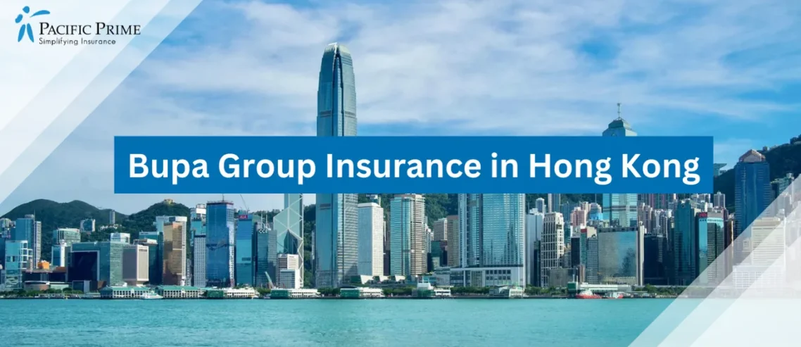 Image of Beautiful Daytime Panorama Of Hong Kong Kowloon Skyline with text overlay of "Bupa Group Insurance in Hong Kong"