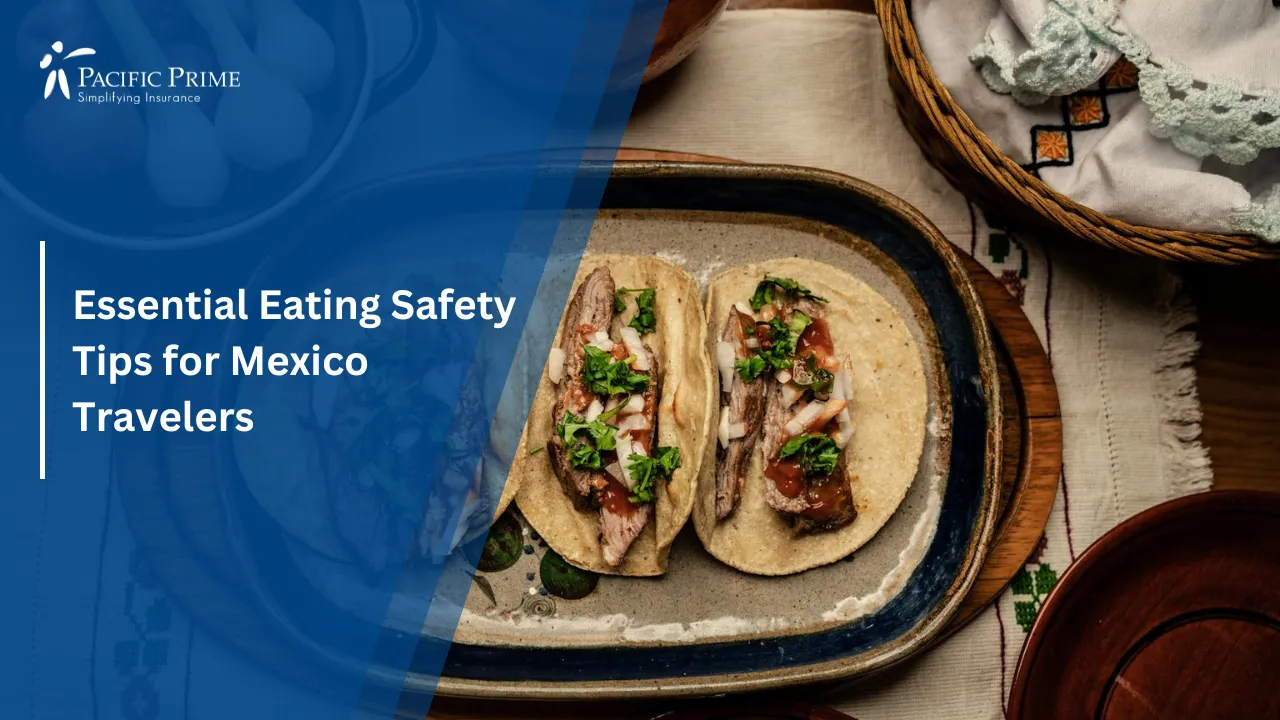 Image of Beef Steak With Greens On Tortilla Served On A Ceramic Plate In Mexico with text overlay of "Essential Eating Safety Tips for Mexico Travelers"