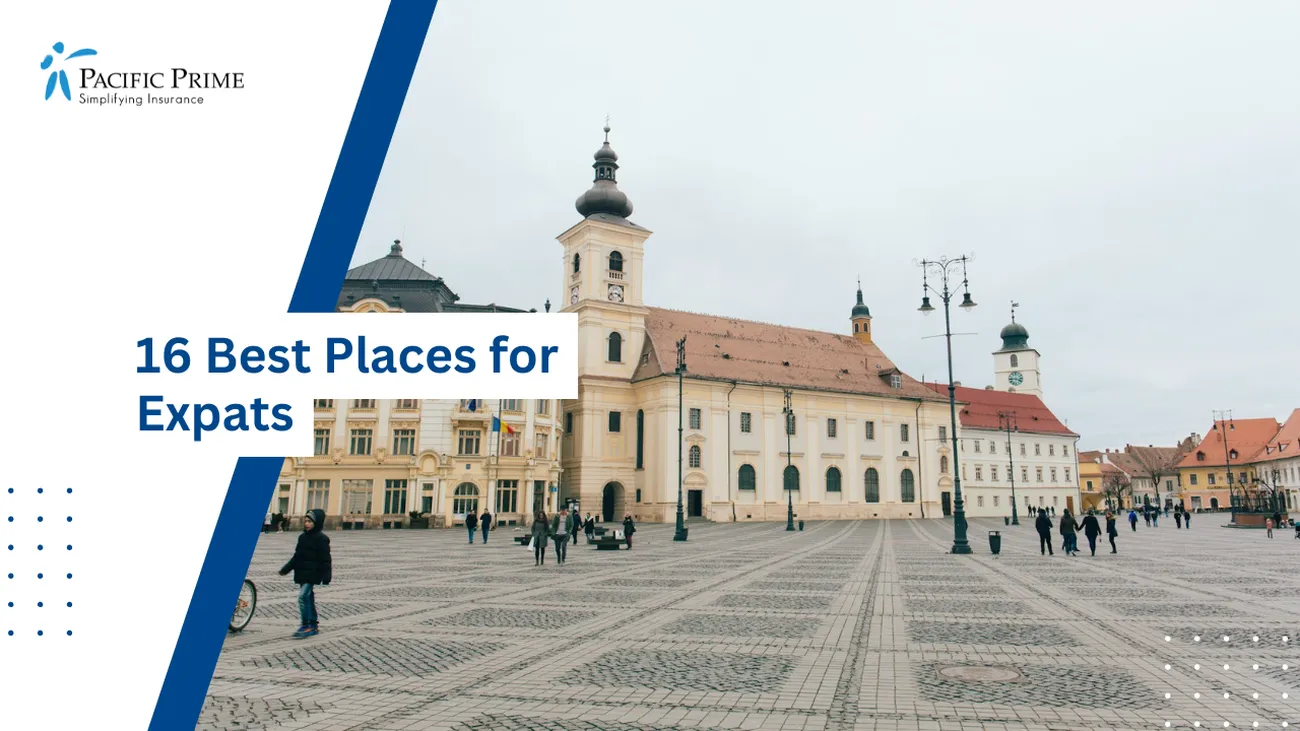 Image of Beige And Gray Concrete Building In Sibiu, Romania with text overlay of "16 Best Places for Expats"