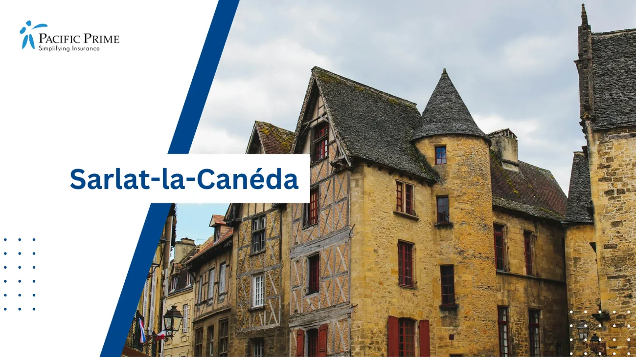 Image of Beige Houses And Historic Buildings With Windows Under Blue Skies In Sarlat with text overlay of "Sarlat-la-Canéda"