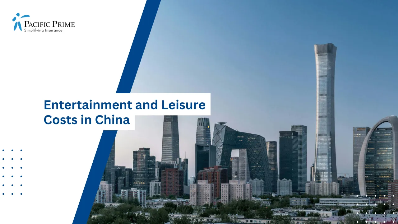 Image of Beijing CBD Skyline With Modern Buildings Under Blue Sky And White Clouds with text overlay of "Entertainment and Leisure Costs in China"