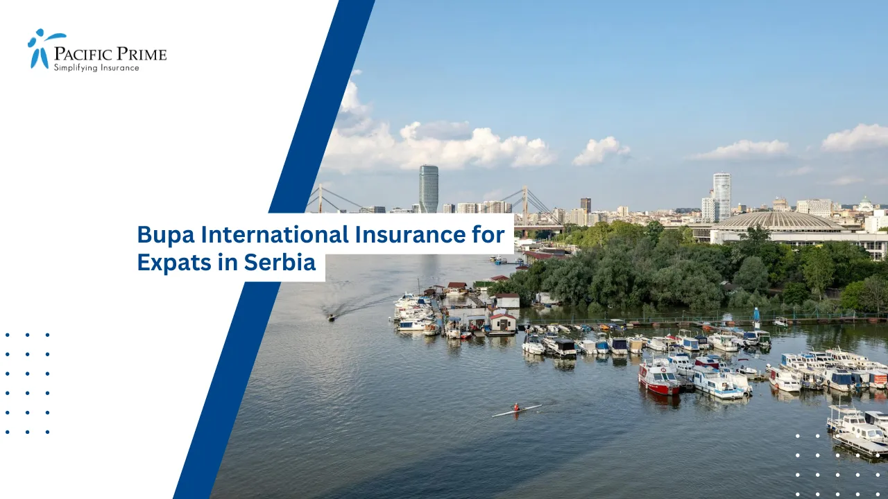 Image of Belgrade Cityscape With Bridge, Harbor, And Downtown View with text overlay of "Bupa International Insurance for Expats in Serbia"