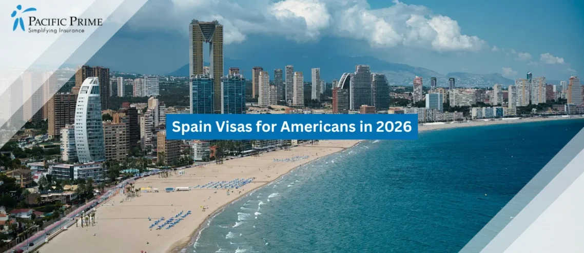 Image of Benidorm Beach View With Coastal City Skyline In The Distance with text overlay of "Spain Visas for Americans in 2026"