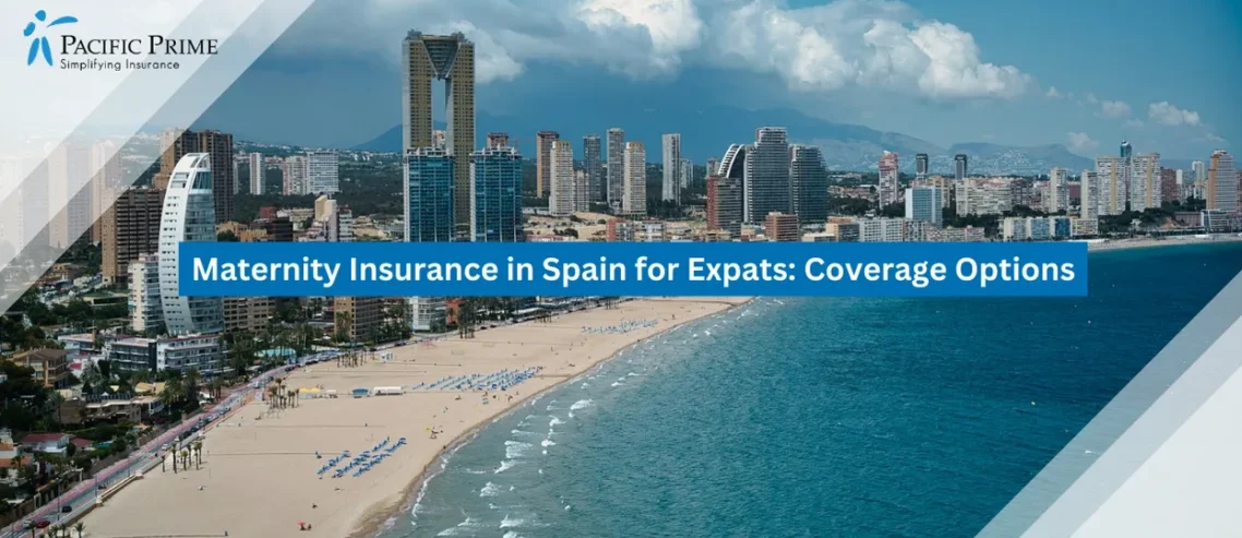 Image of Benidorm Beachfront Skyline With High-rise Buildings Along The Mediterranean Coast with text overlay of "Maternity Insurance in Spain for Expats: Coverage Options"