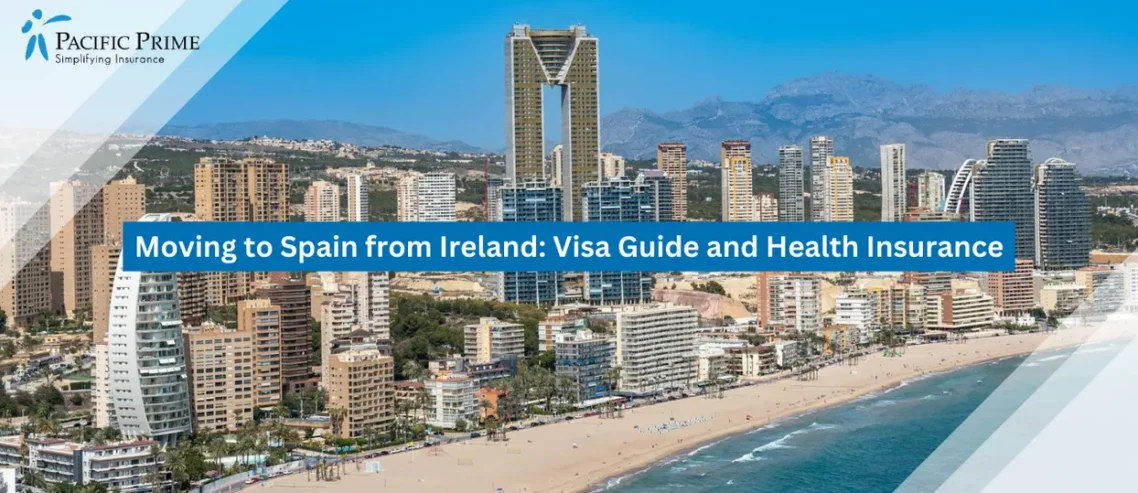 Image of Benidorm Skyline Featuring The Iconic Intempo Towers On The Mediterranean Coast with text overlay of "Moving to Spain from Ireland: Visa Guide and Health Insurance"