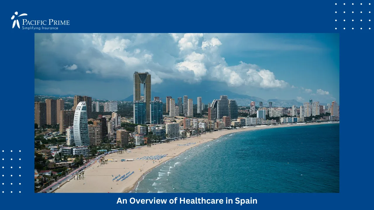 Image of Benidorm&rsquo;s Sandy Shoreline Framed By High-rise City Buildings with text overlay of "An Overview of Healthcare in Spain"