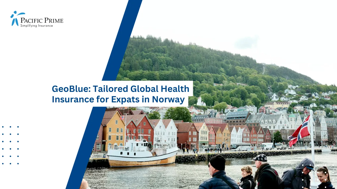 Image of Bergen Cityscape With Mountain Backdrop In Norway with text overlay of "GeoBlue: Tailored Global Health Insurance for Expats in Norway"