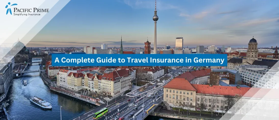 Image of Berlin Cityscape With Riverside Bridge Leading Toward Urban Skyline with text overlay of "A Complete Guide to Travel Insurance in Germany"