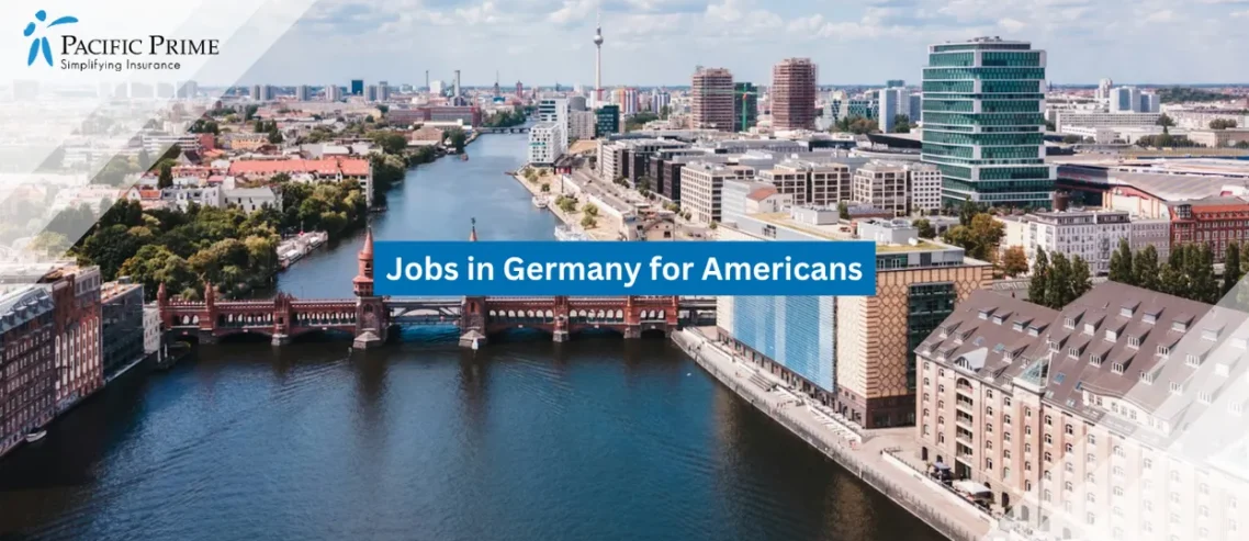 Image of Berlin Riverside Skyline With Modern Buildings Along Flowing Urban Waterway with text overlay of "Jobs in Germany for Americans"