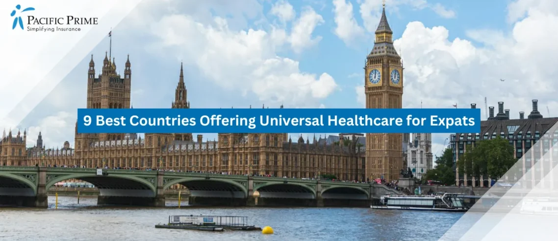 Image of Big Ben And Westminster Bridge Overlooking The River Thames In Central London with text overlay of "9 Best Countries Offering Universal Healthcare for Expats"