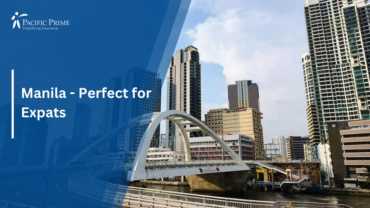 Image of Binondo-intramuros Bridge With Manila's Downtown Skyscrapers with text overlay of "Manila - Perfect for Expats"