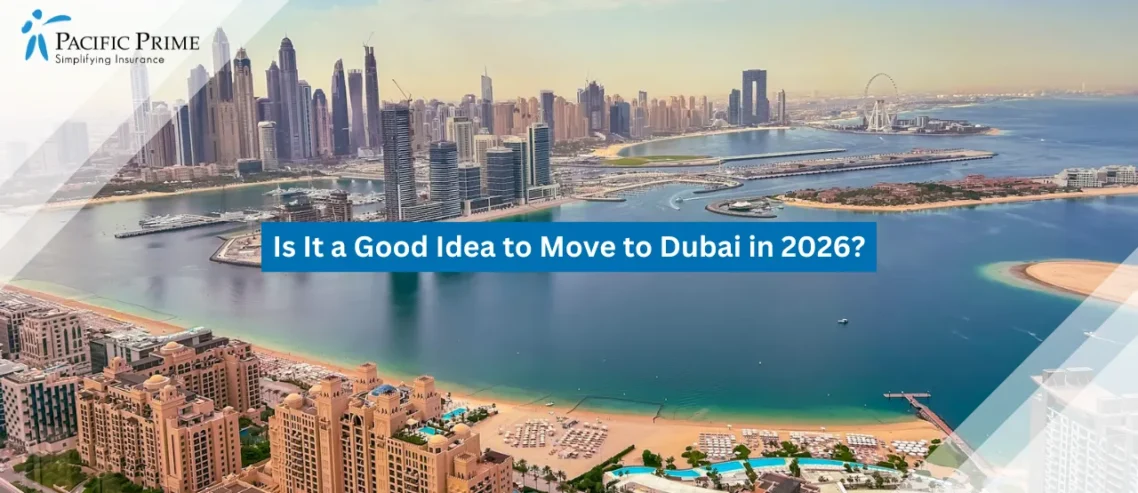 Image of Bird’s-eye View Of Dubai Marina’s Waterfront Towers And Winding Canals with text overlay of "Is It a Good Idea to Move to Dubai in 2026?"