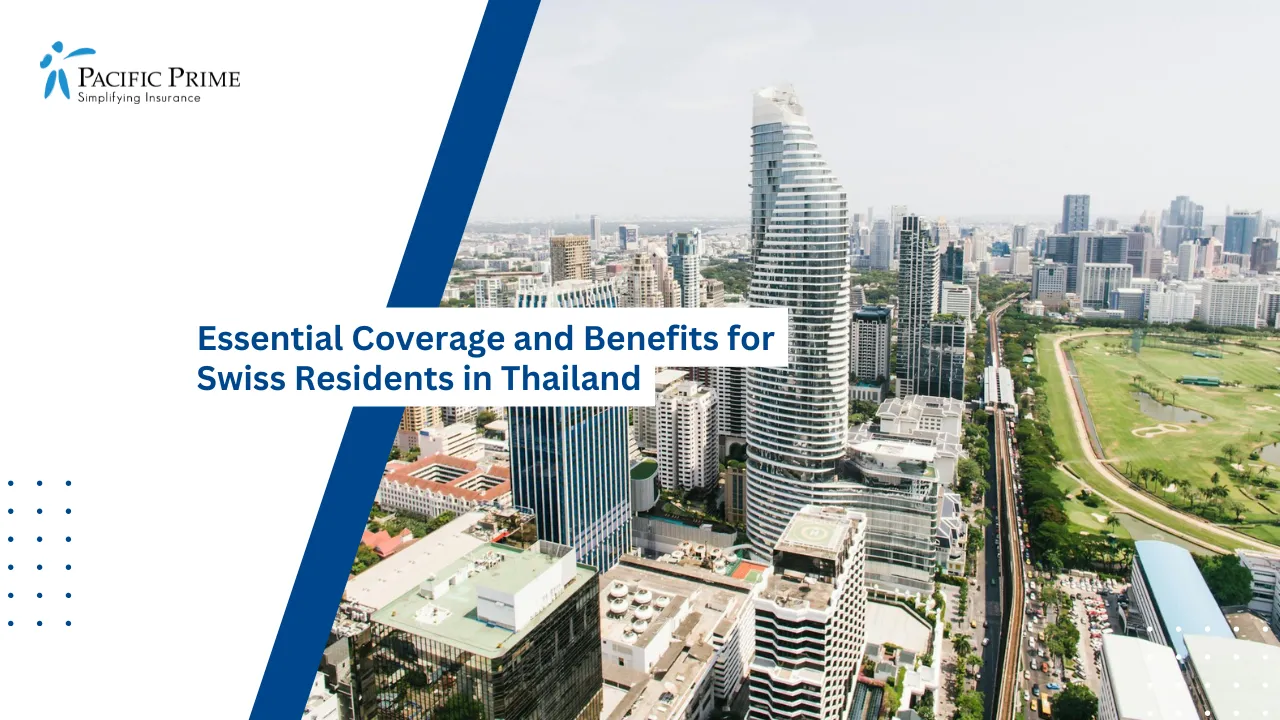 Image of Bird’s Eye View Of Lumphini Park In Bangkok, Thailand with text overlay of "Essential Coverage and Benefits for Swiss Residents in Thailand"