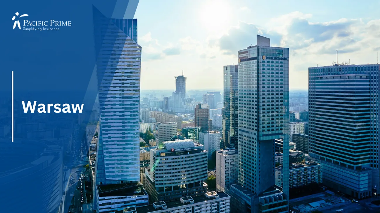 Image of Bird's-eye View Of Warsaw's High-Rise Buildings In The City Center with text overlay of "Warsaw"