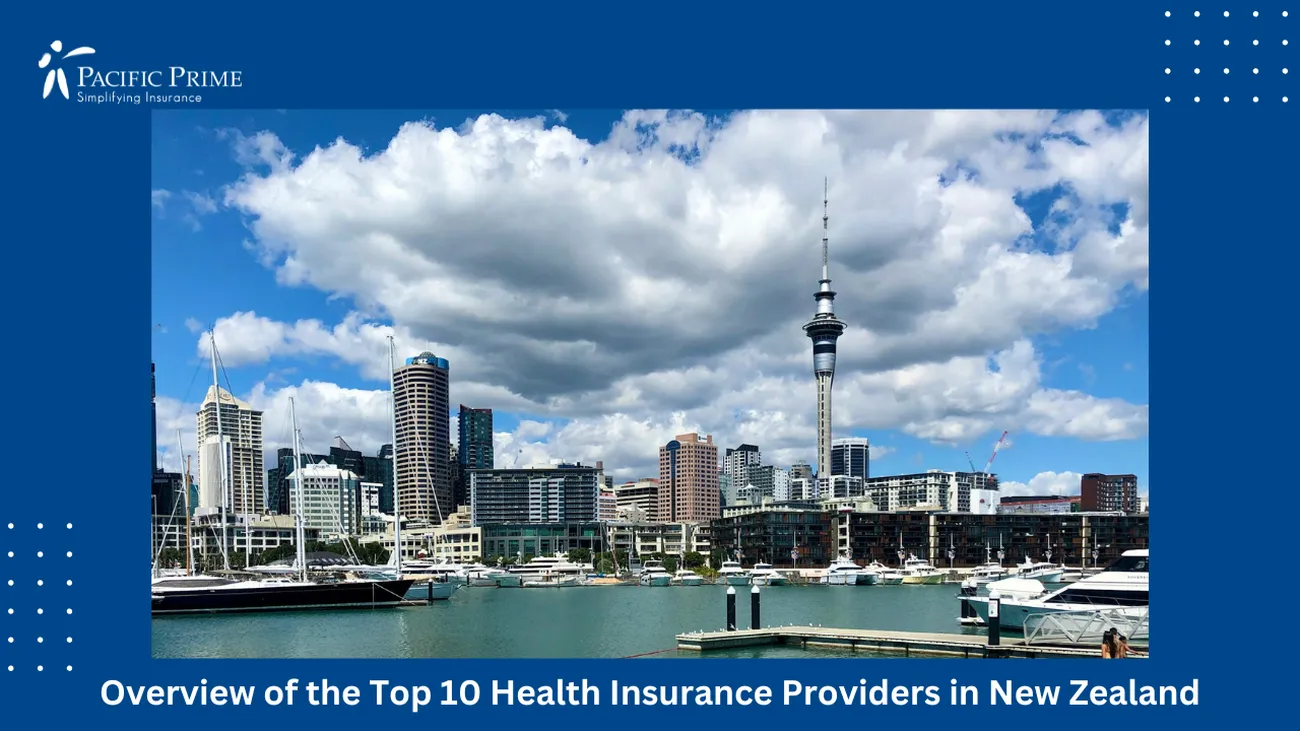 Image of Black And White Boat On Water With Auckland CBD Skyline Under Cloudy Sky with text overlay of "Overview of the Top 10 Health Insurance Providers in New Zealand"