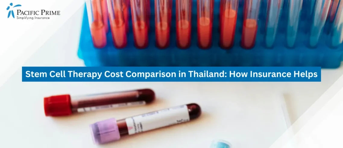 Image of Blood Samples In Test Tubes And Vials On A Lab Table with text overlay of "Stem Cell Therapy Cost Comparison in Thailand: How Insurance Helps"