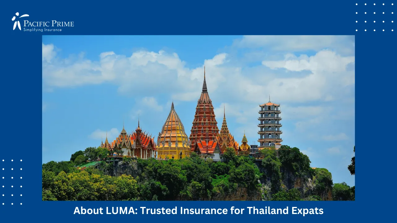 Image of Blue And Beige Pagoda Near Forest In Thailand with text overlay of "About LUMA: Trusted Insurance for Thailand Expats"