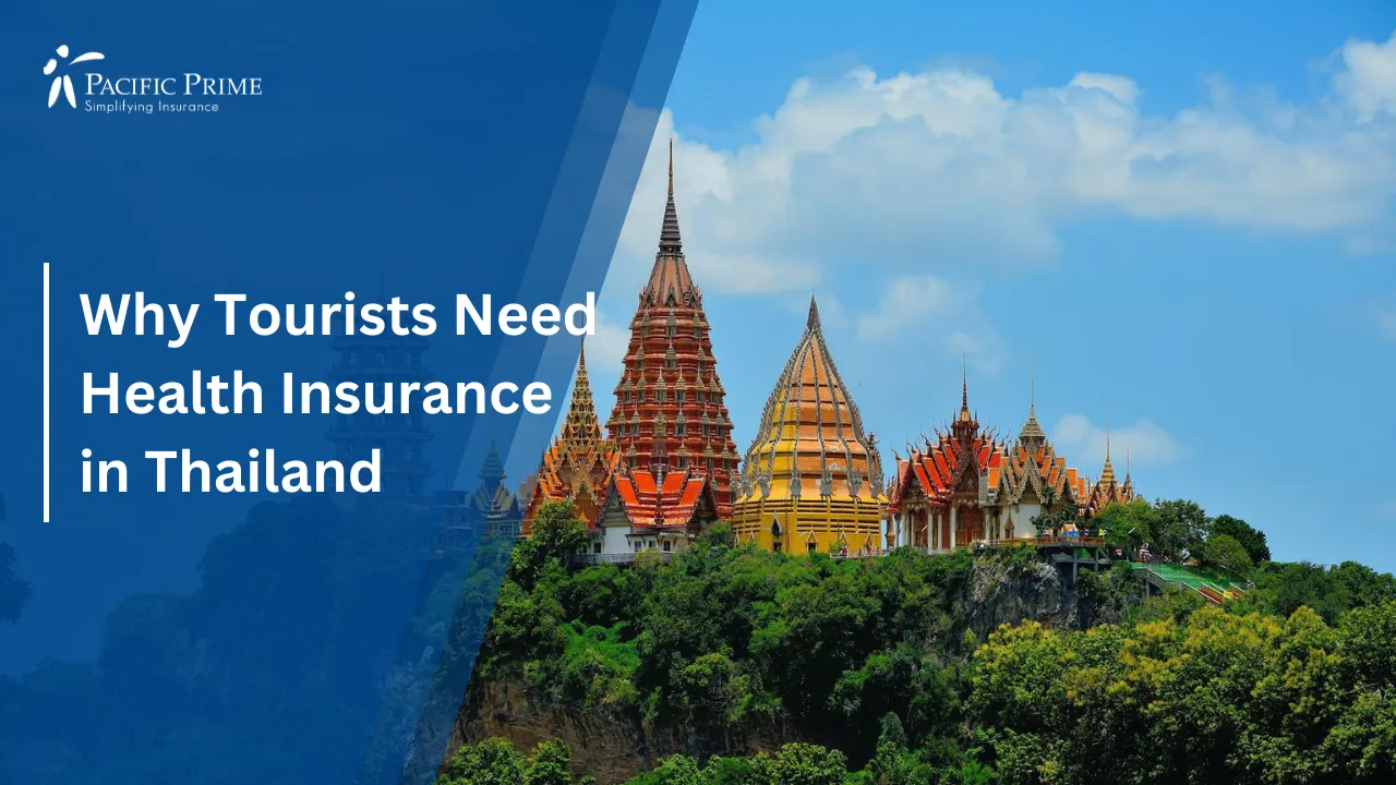 Image of Blue And Beige Pagoda Near Lush Forest In Thailand with text overlay of "Why Tourists Need Health Insurance in Thailand"