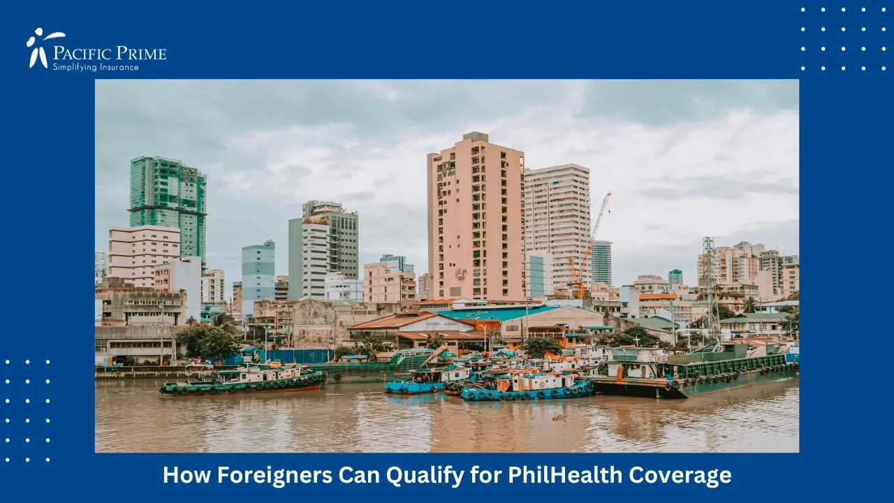Image of Blue And White Boat Near Waterfront Buildings In Intramuros, Manila with text overlay of "How Foreigners Can Qualify for PhilHealth Coverage"