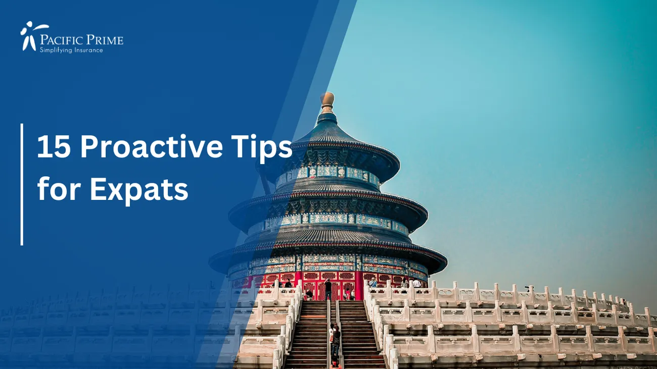 Image of Blue And White Building Under Clear Blue Sky with text overlay of "15 Proactive Tips for Expats"