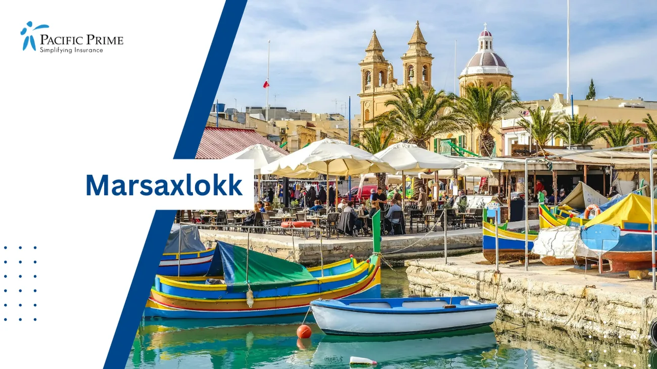 Image of Blue And Yellow Boat Near A Brown Building In Marsaxlokk Village with text overlay of "Marsaxlokk"
