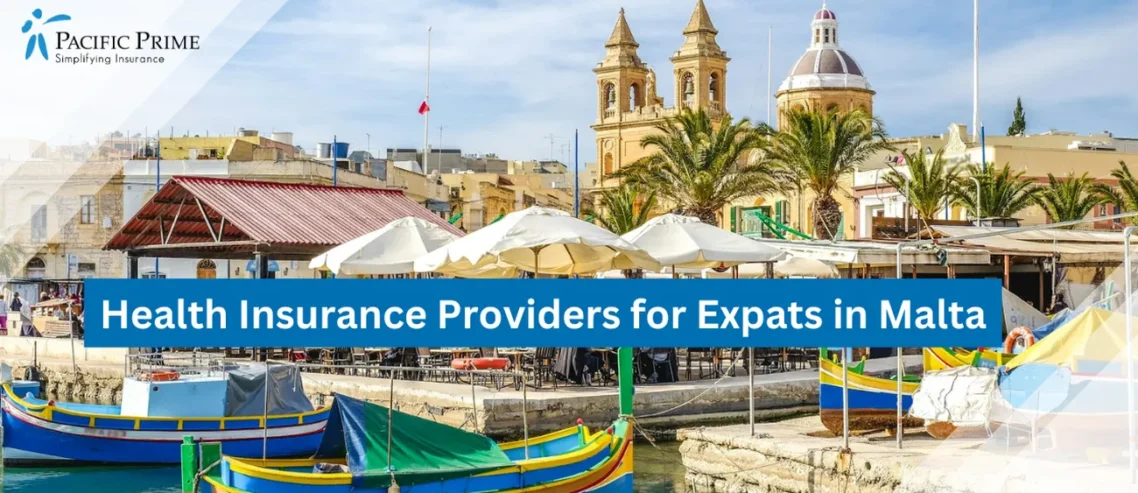Image of Blue And Yellow Boat On Water Near Marsaxlokk's Historic Fisherman Village with text overlay of "Health Insurance Providers for Expats in Malta"