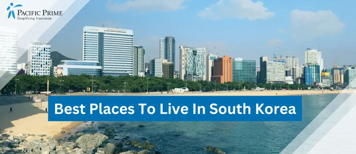 Image of Blue Beach Under Clear Sky In Busan, South Korea with text overlay of "Best Places To Live In South Korea"