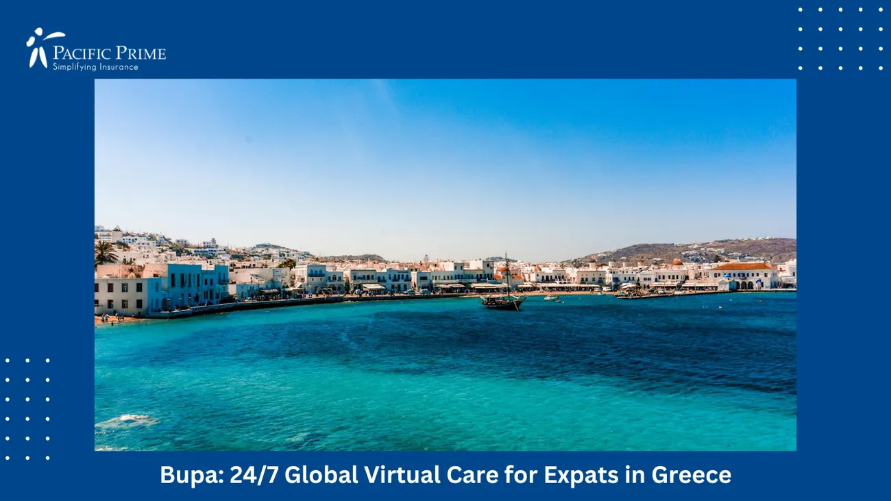 Image of Blue Sea Under A Clear Sky In Mykonos, Greece with text overlay of "Bupa: 24/7 Global Virtual Care for Expats in Greece"