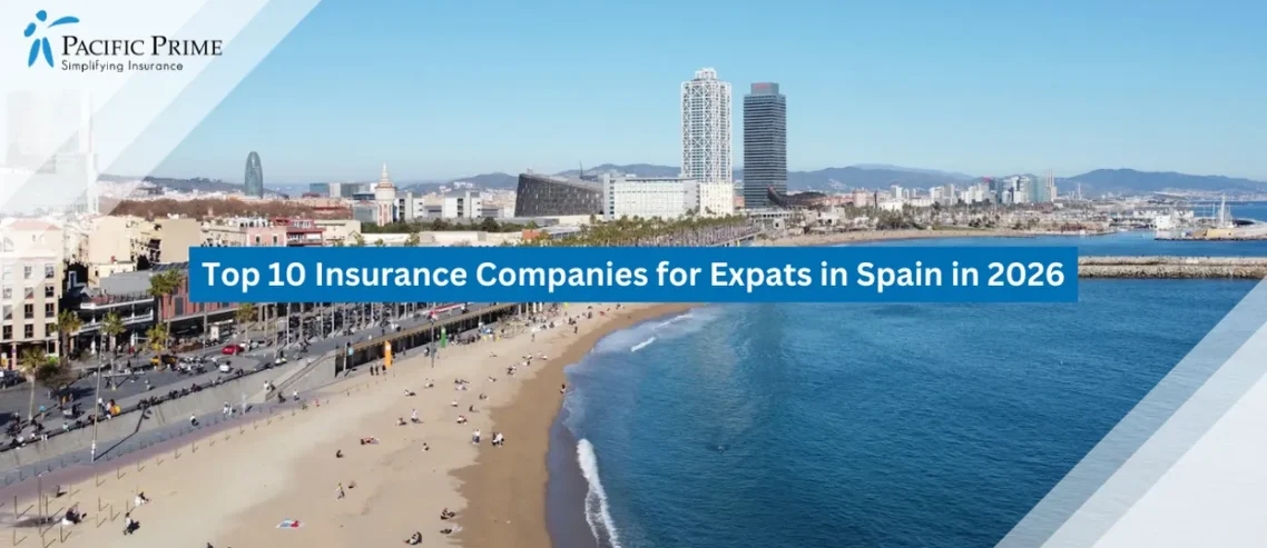 Image of Blue Skies Over Barcelona’s Sandy Shoreline In Spain with text overlay of "Top 10 Insurance Companies for Expats in Spain in 2026"