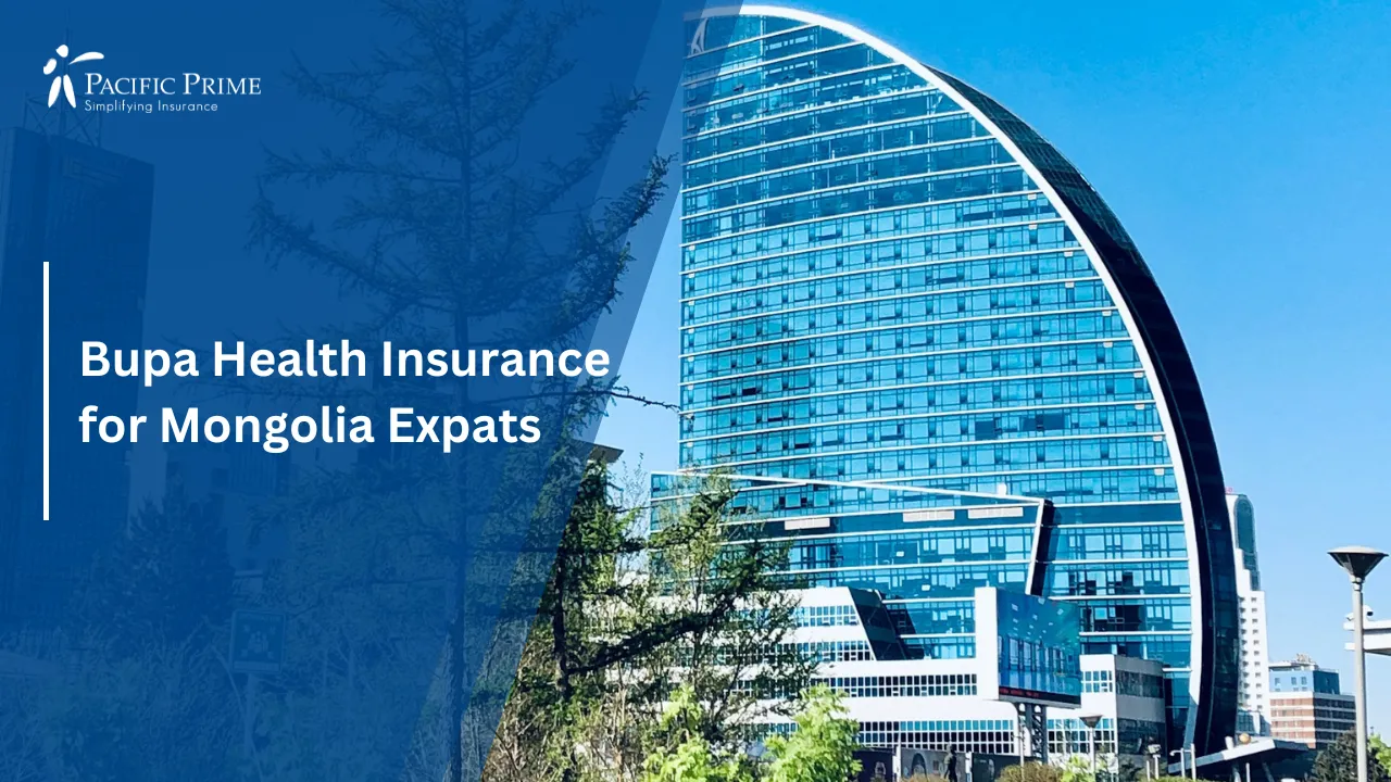 Image of Blue Sky Tower Building In Ulaanbaatar, Mongolia with text overlay of "Bupa Health Insurance for Mongolia Expats"