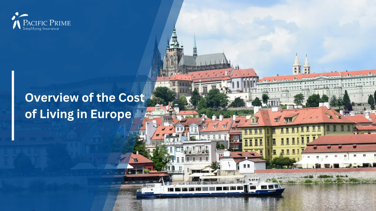 Image of Boat Cruising On River With Prague City View In The Background with text overlay of "Overview of the Cost of Living in Europe"