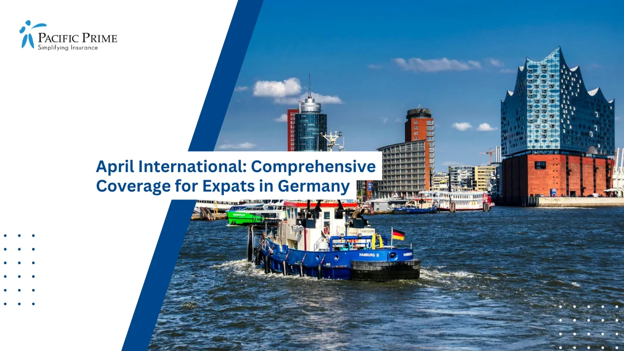 Image of Boat Cruising The Elbe Past Elbphilharmonie And Hamburg Skyline with text overlay of "April International: Comprehensive Coverage for Expats in Germany"
